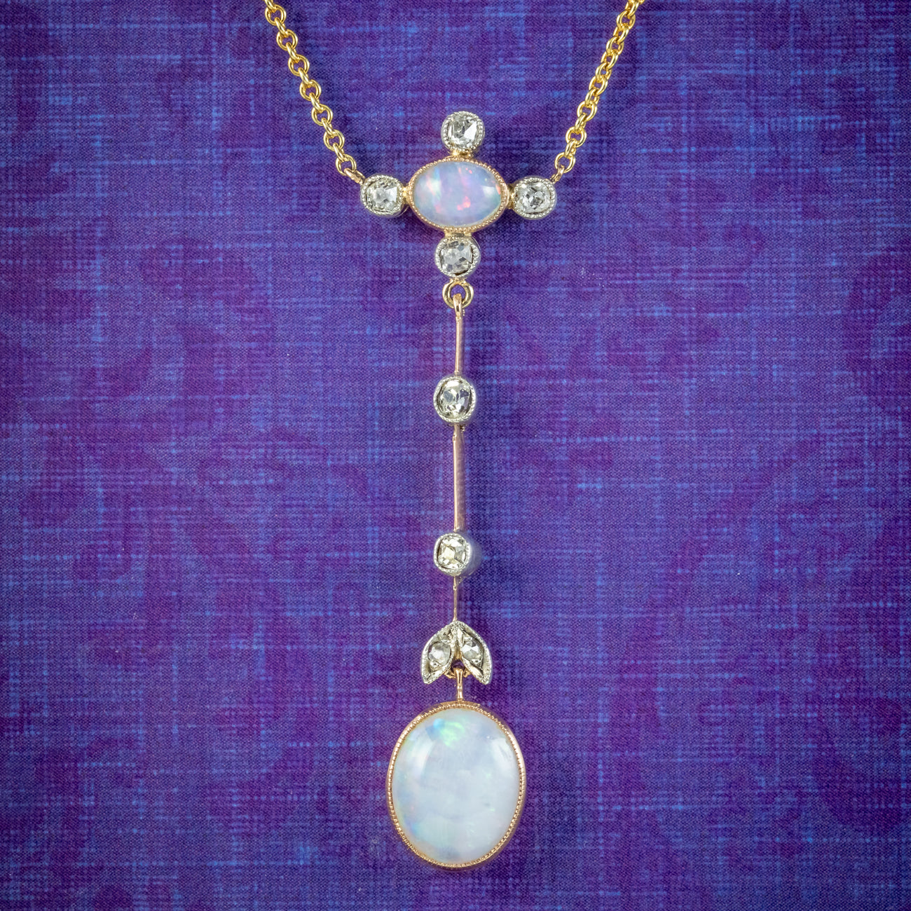 Antique Edwardian Opal Diamond Pendant Necklace 18ct Gold  Main image