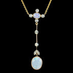 Antique Edwardian Opal Diamond Pendant Necklace 18ct Gold 