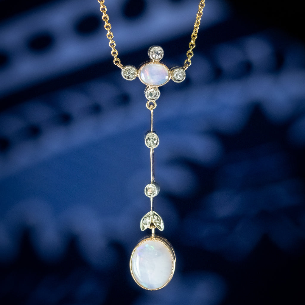 Antique Edwardian Opal Diamond Pendant Necklace 18ct Gold 