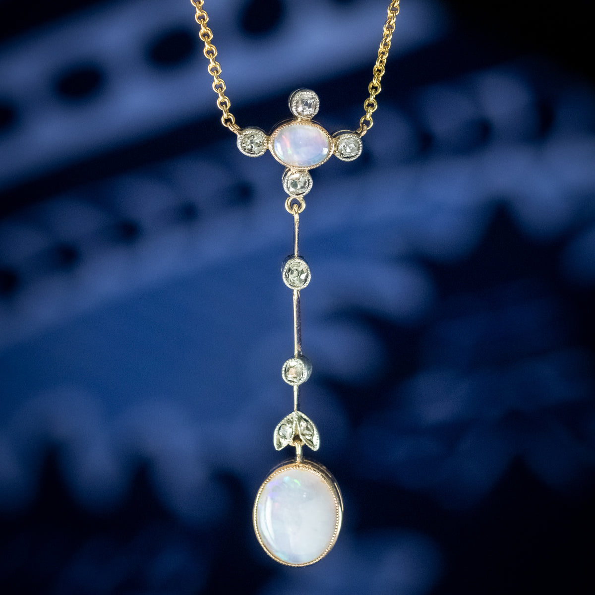 Antique Edwardian Opal Diamond Pendant Necklace 18ct Gold 