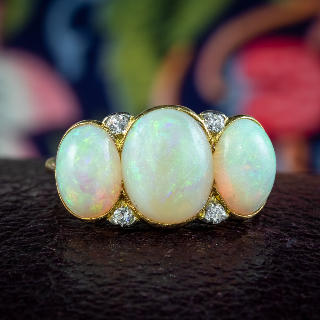 Antique Edwardian Opal Diamond Trilogy Ring 7ct Total 