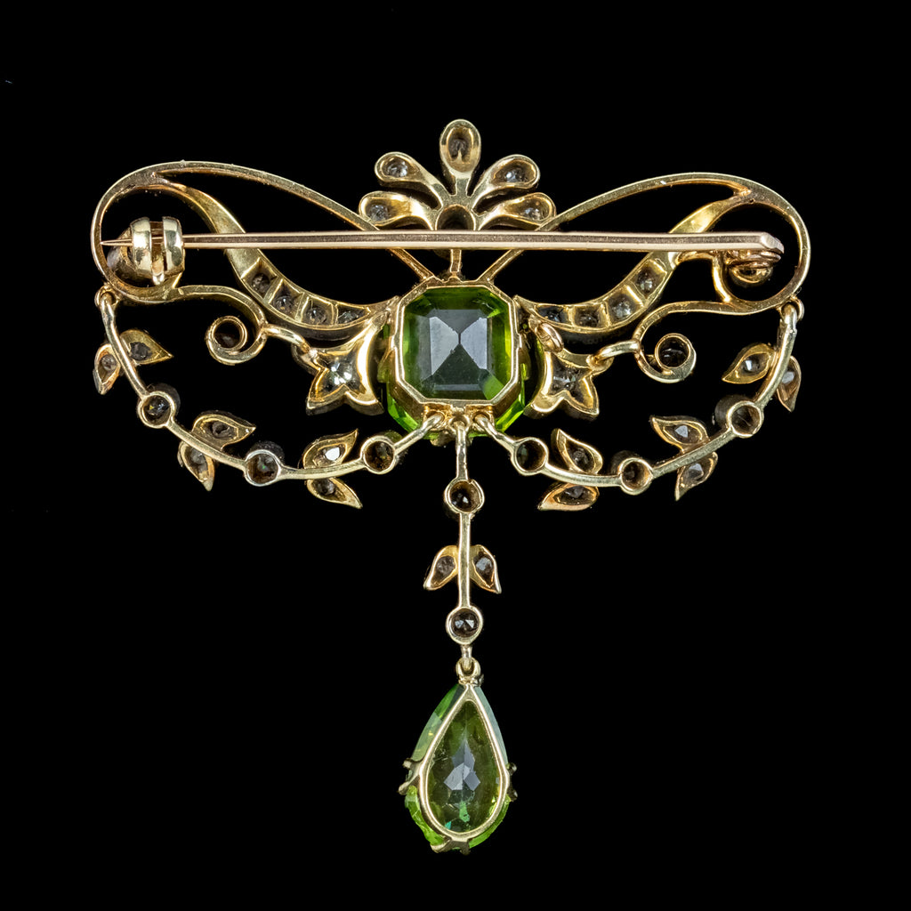 Antique Edwardian Peridot Diamond Brooch 18ct Gold Silver