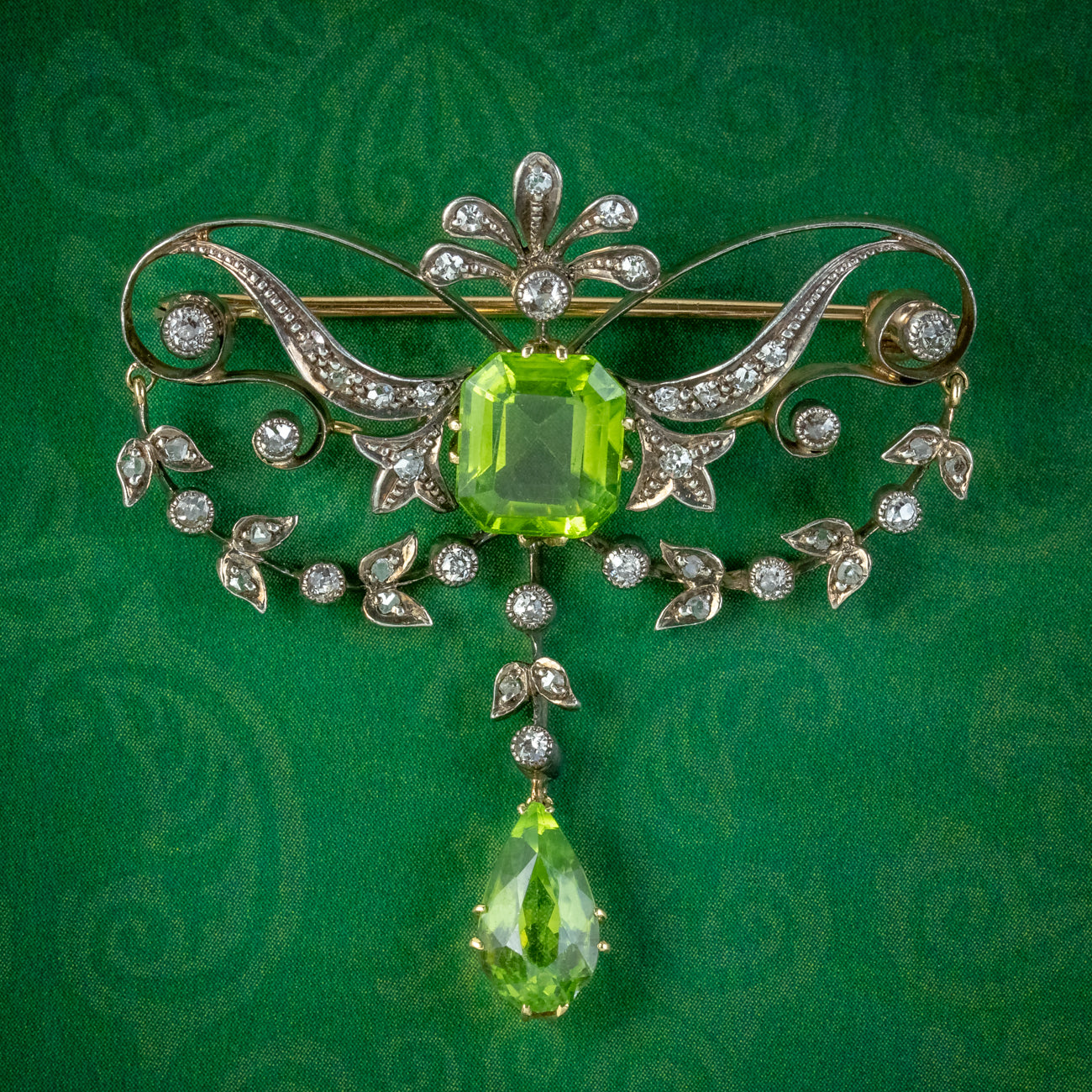 Antique Edwardian Peridot Diamond Brooch 18ct Gold Silver Main image