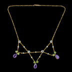 Antique Edwardian Suffragette Amethyst Pearl Peridot Festoon Necklace With Box
