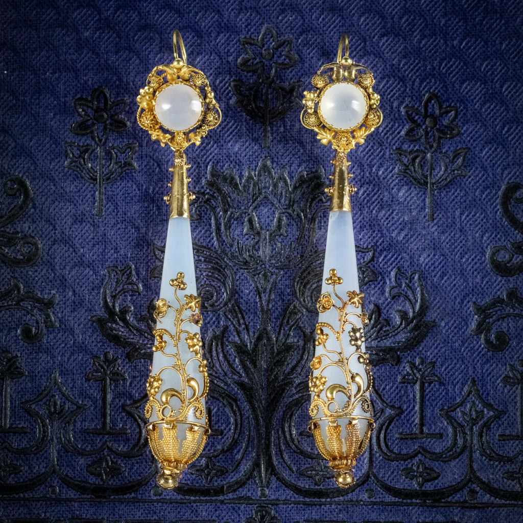 Antique Georgian Day And Night Chalcedony Drop Earrings 18ct Gold Circa 1800