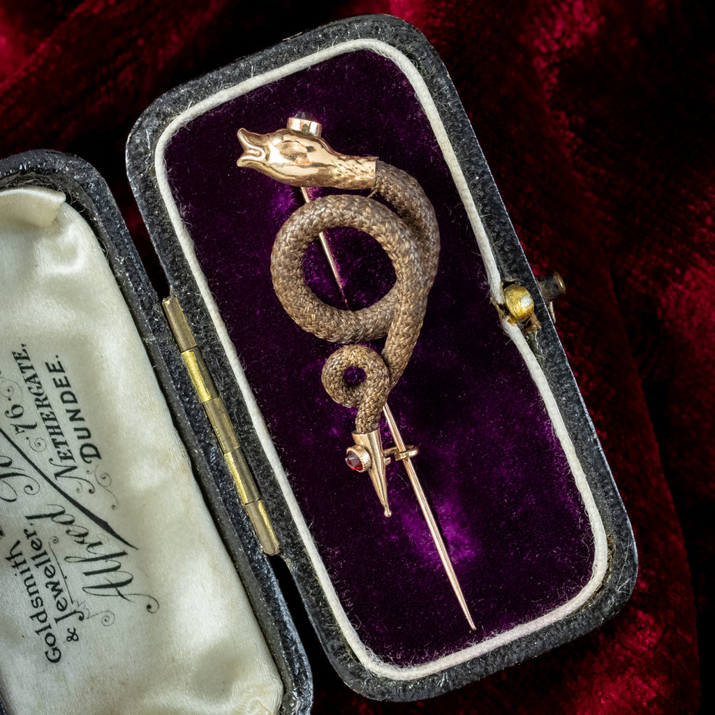 Antique Georgian Garnet Mourning Snake Pin 18ct Gold With Box 