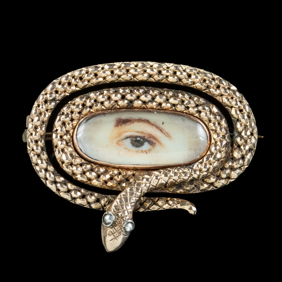 Antique Georgian Lovers Eye Miniature Snake Brooch 18ct Gold