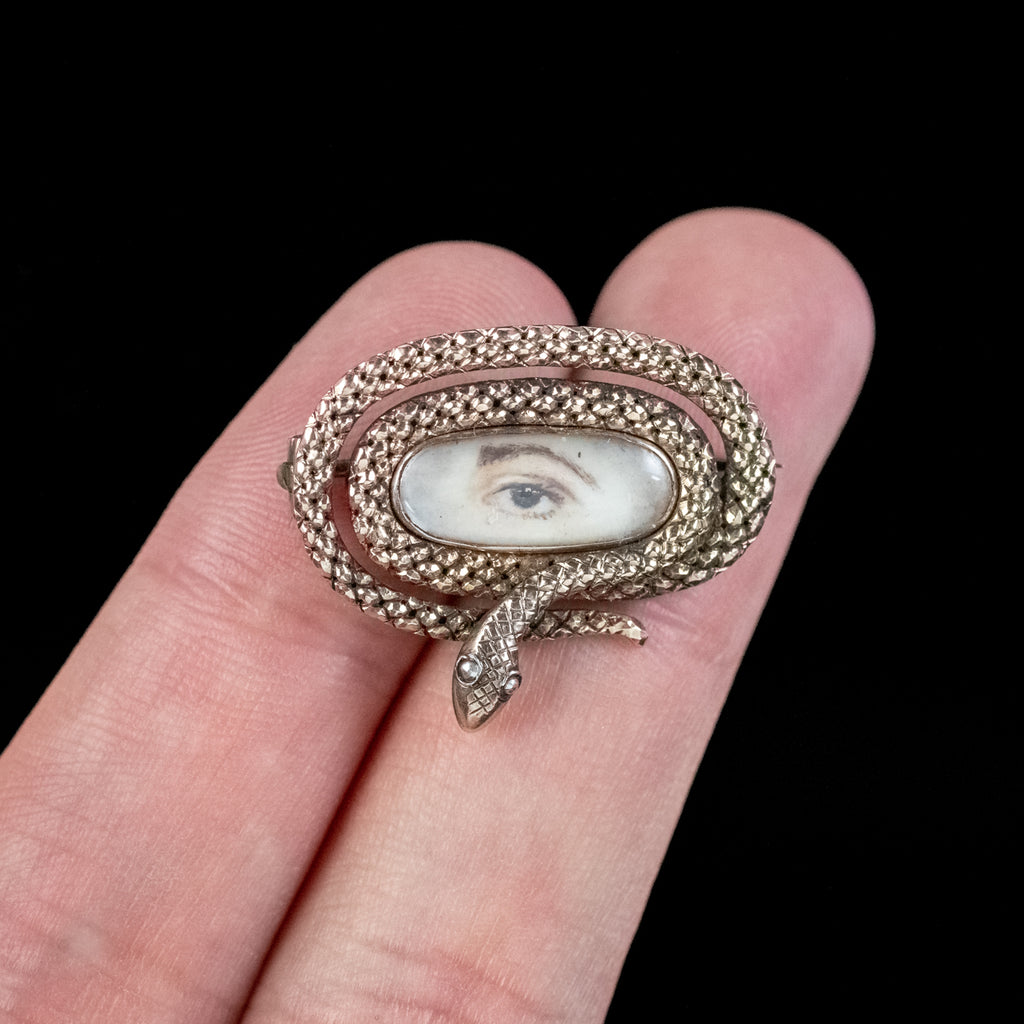 Antique Georgian Lovers Eye Miniature Snake Brooch 18ct Gold