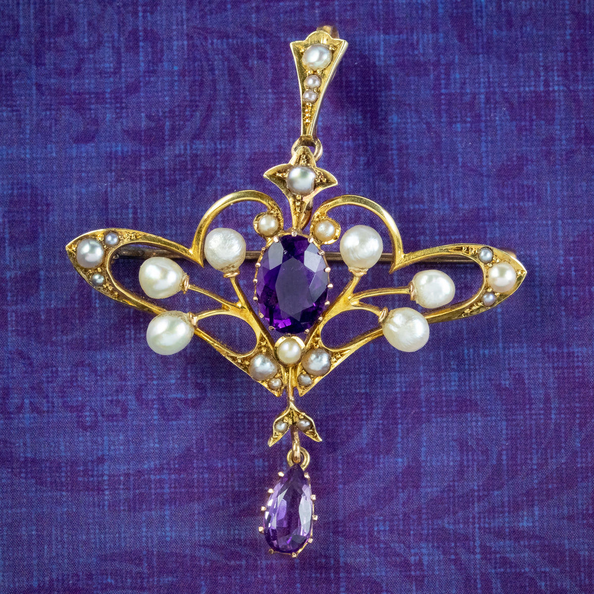 Antique Victorian Amethyst Pearl Pendant Brooch 18ct Gold Main image