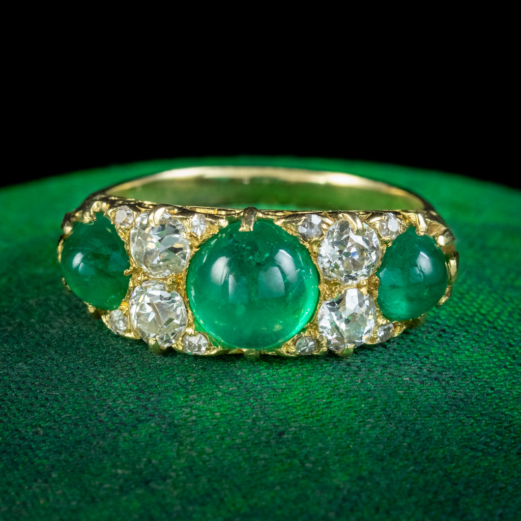 Antique Victorian Cabochon Emerald Diamond Ring 2.7ct Of Emerald 