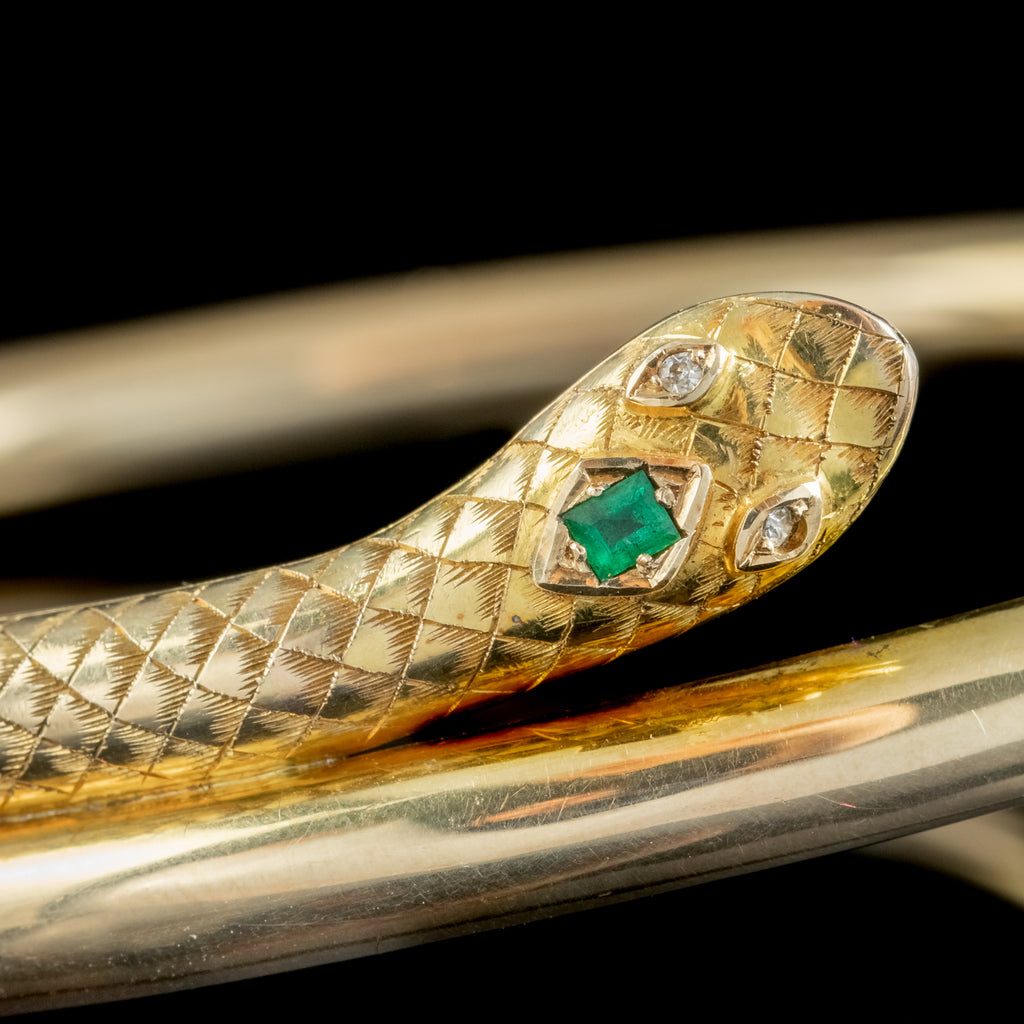 Antique Victorian Diamond Emerald Snake Slave Bangle 15ct Gold