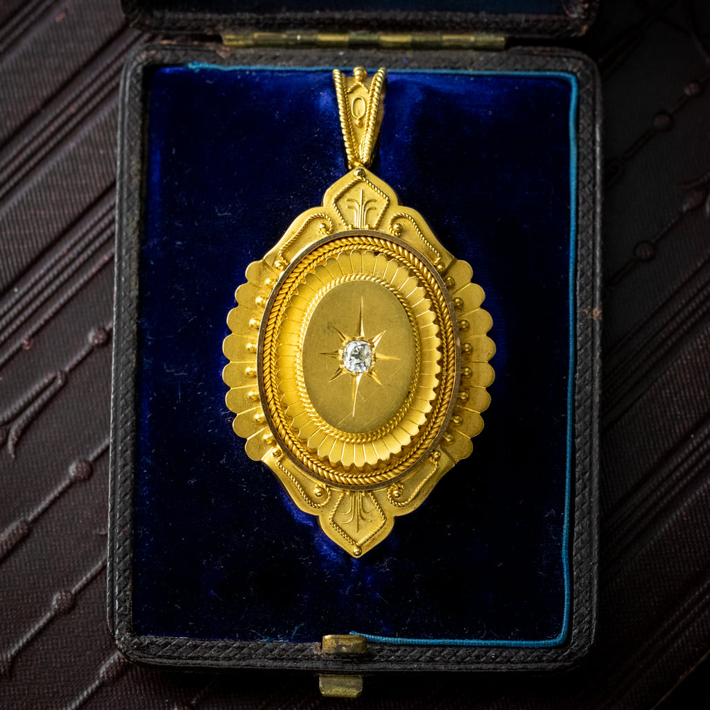 Antique Victorian Diamond Etruscan Revival Locket 18ct Gold With Box 