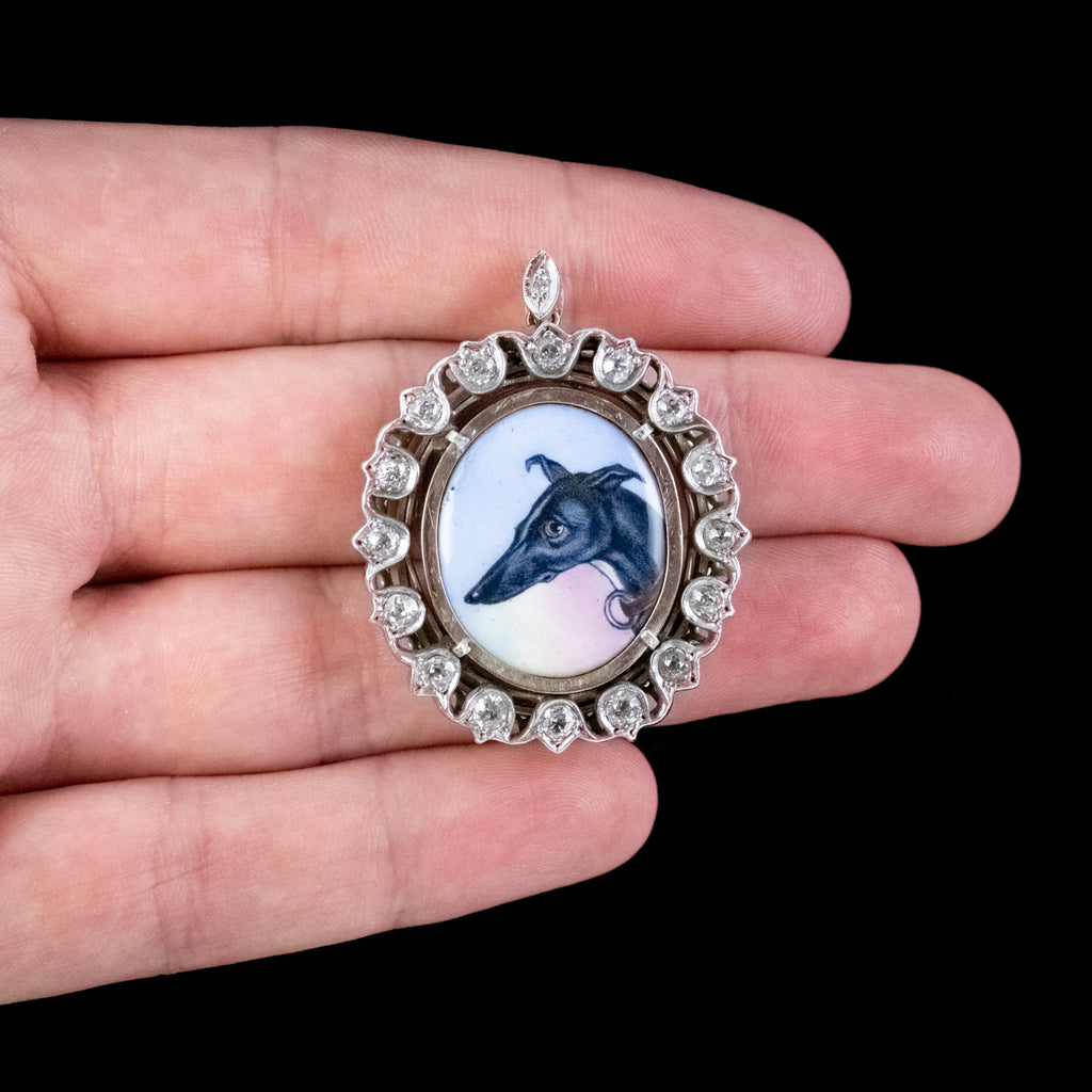 ANTIQUE VICTORIAN DIAMOND GREYHOUND LOCKET PENDANT SILVER CIRCA 1870