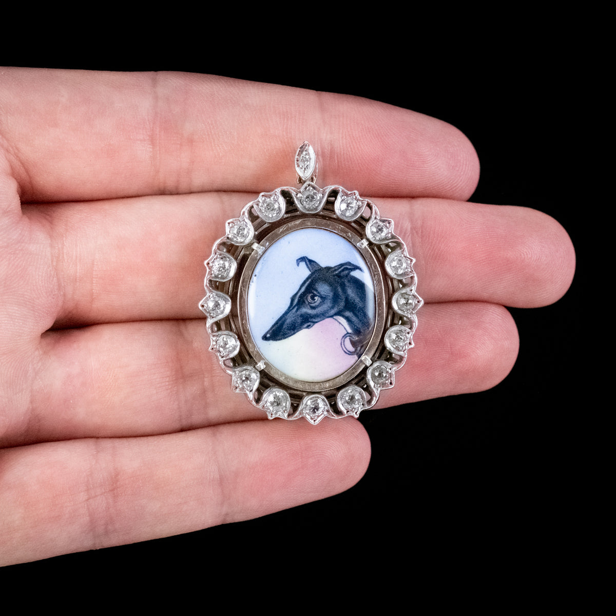 ANTIQUE VICTORIAN DIAMOND GREYHOUND LOCKET PENDANT SILVER CIRCA 1870