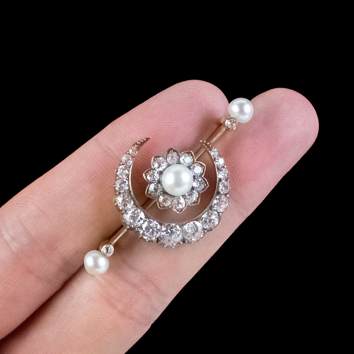 Antique Victorian Diamond Pearl Crescent Flower Brooch 3.2ct Of Diamond