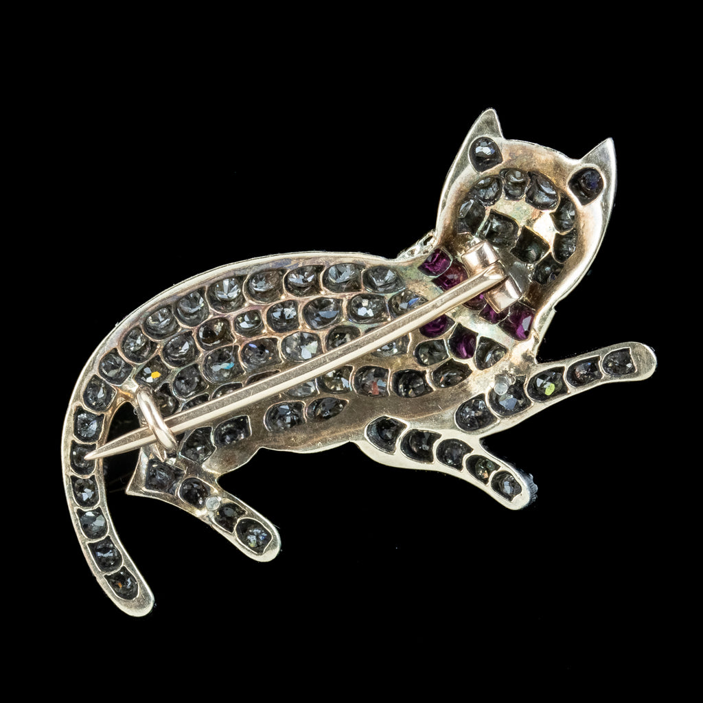 Antique Victorian Diamond Ruby Cat Brooch 5.5ct Of Diamond 