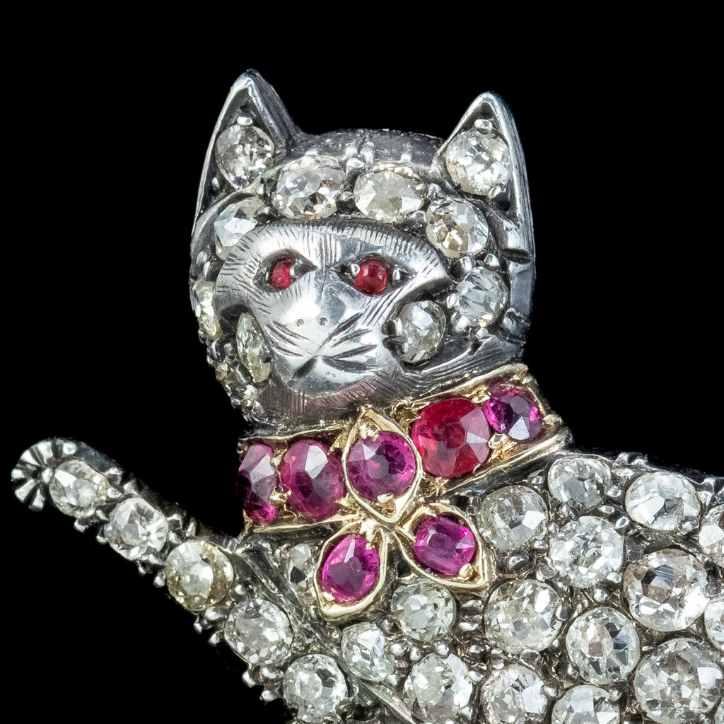 Antique Victorian Diamond Ruby Cat Brooch 5.5ct Of Diamond 