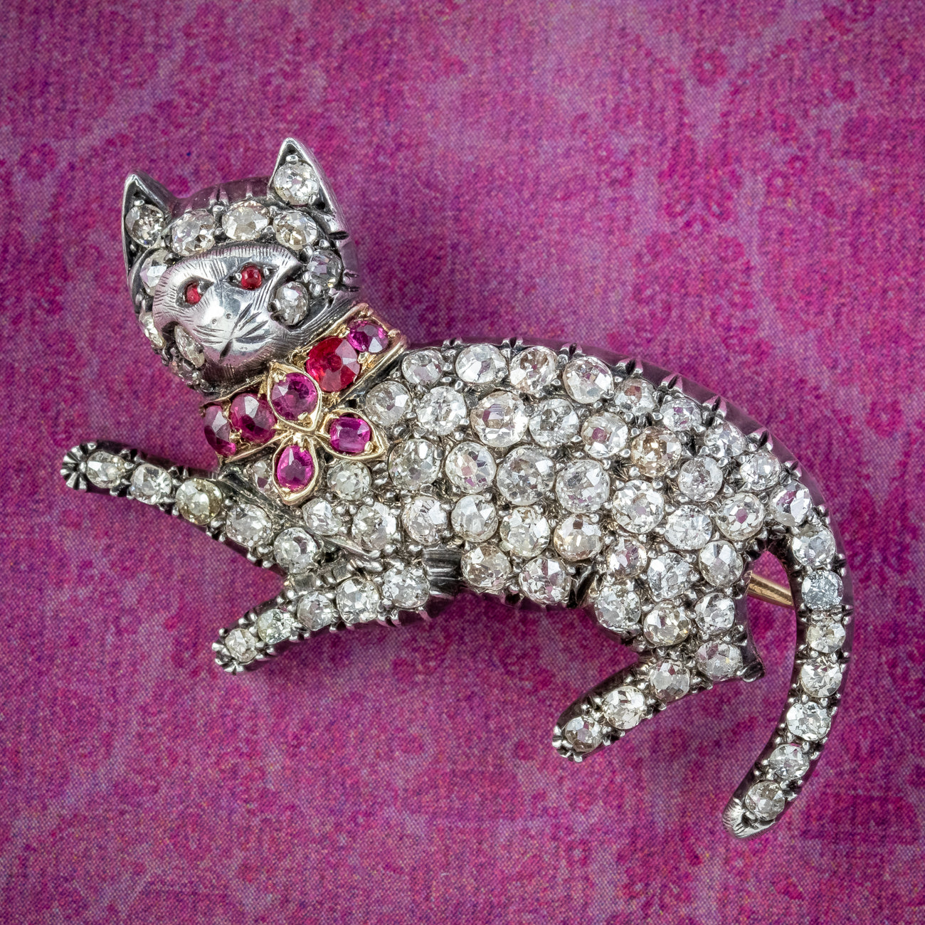 Antique Victorian Diamond Ruby Cat Brooch 5.5ct Of Diamond 