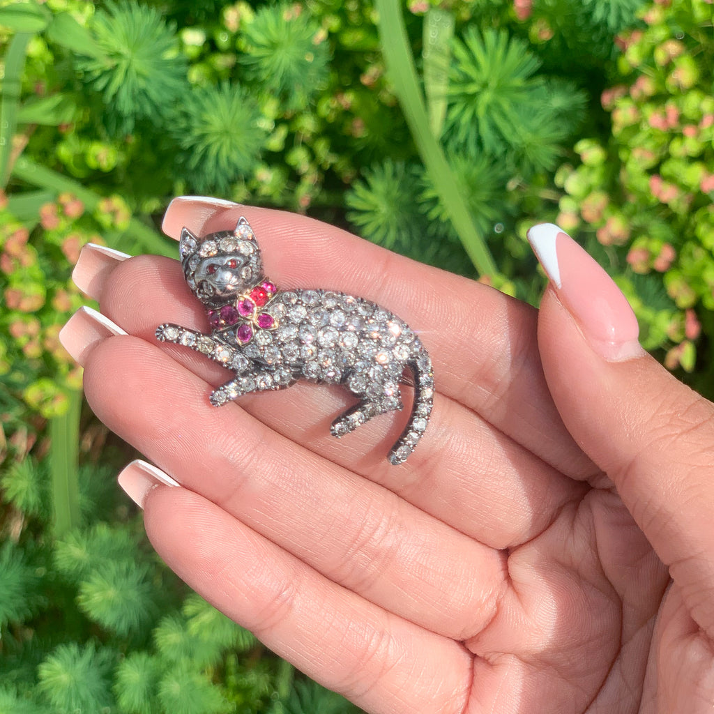 Antique Victorian Diamond Ruby Cat Brooch 5.5ct Of Diamond 