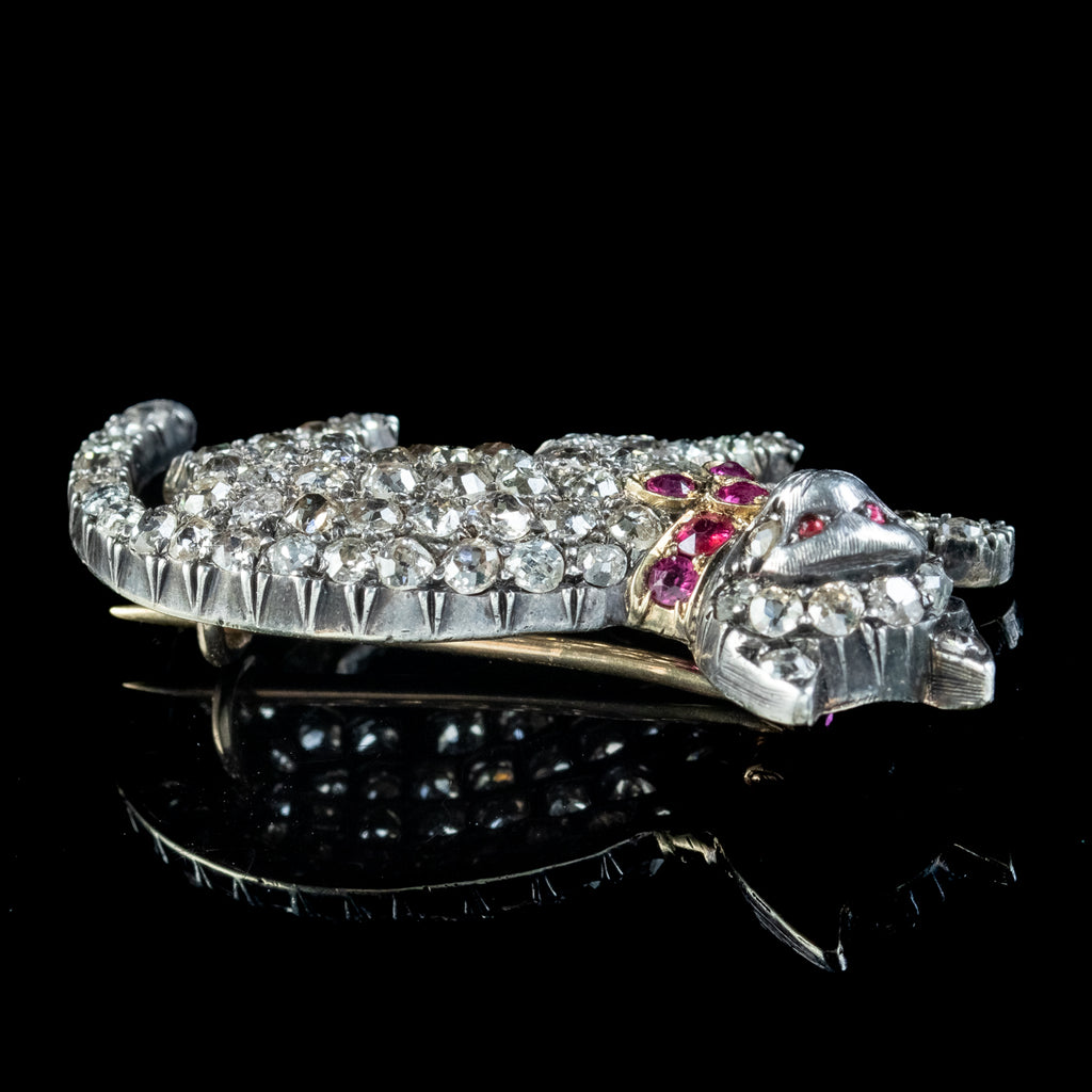 Antique Victorian Diamond Ruby Cat Brooch 5.5ct Of Diamond 