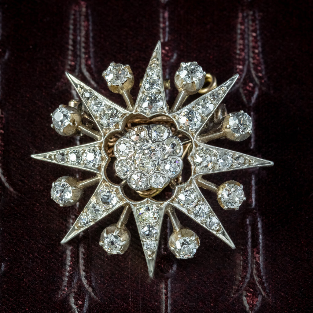 Antique Victorian Diamond Star Brooch 18ct Gold Silver 2ct Of Diamond 