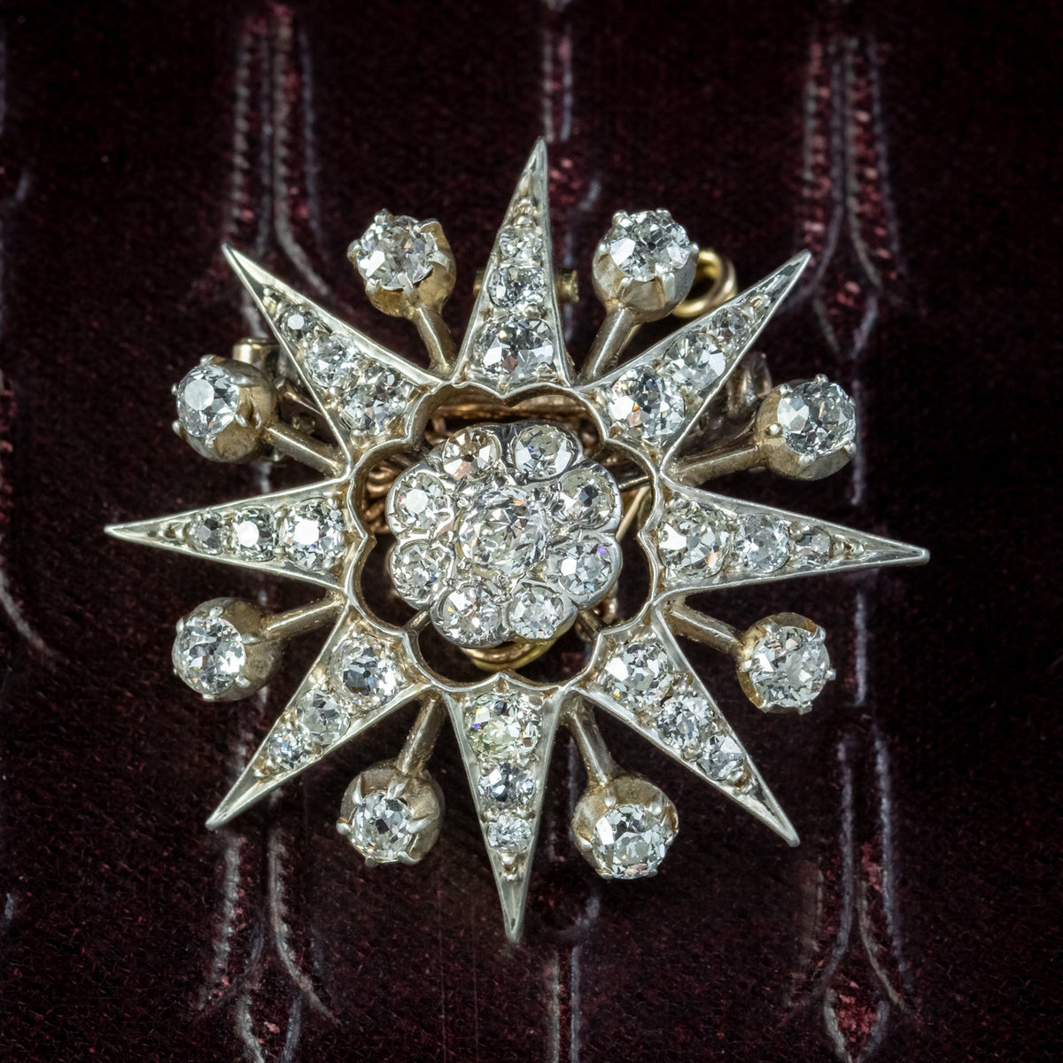 Antique Victorian Diamond Star Brooch 18ct Gold Silver 2ct Of Diamond 