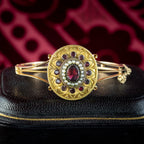 Antique Victorian Etruscan Garnet Pearl Bangle 18ct Gold 