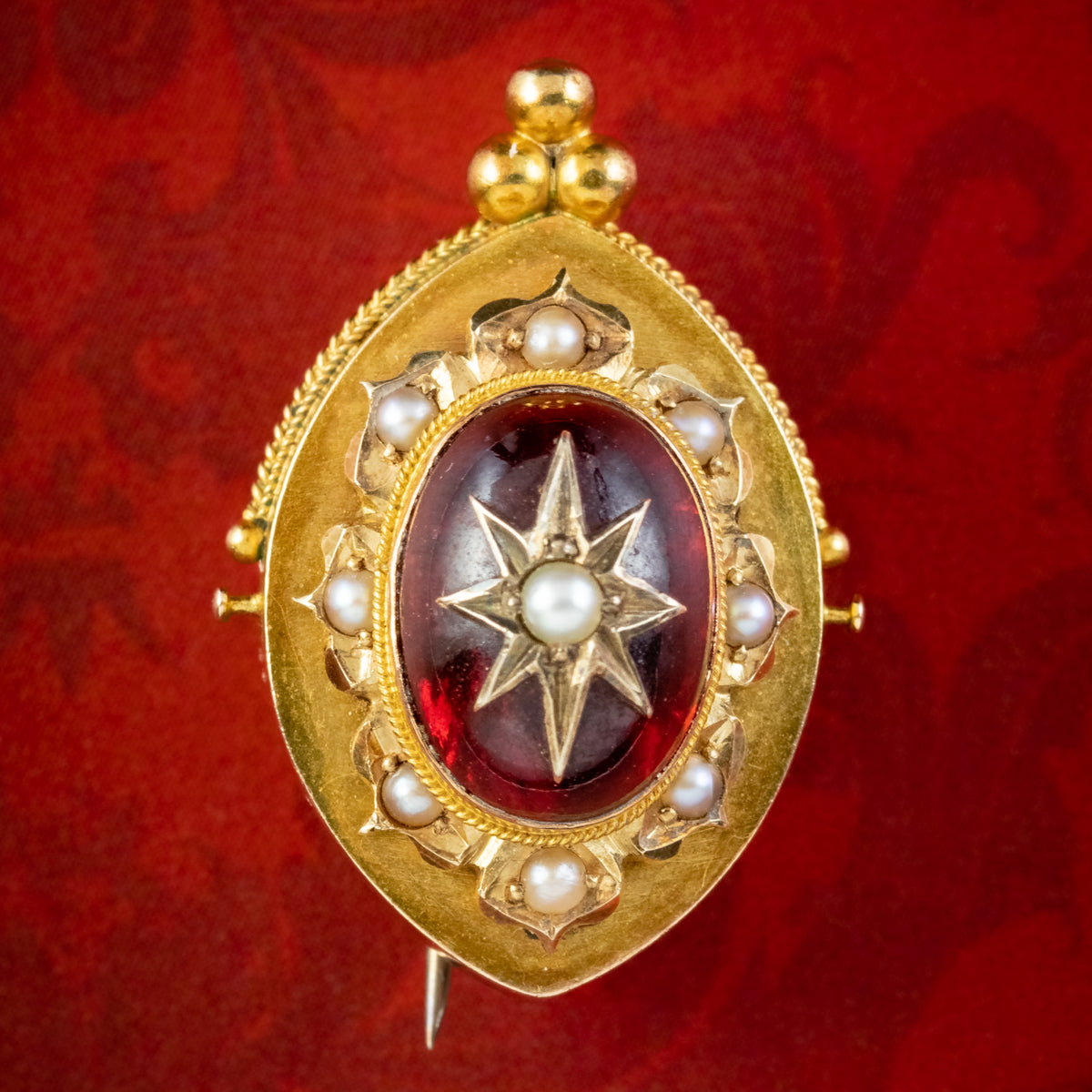 Antique Victorian Etruscan Revival Garnet Pearl Star Brooch 18ct Gold