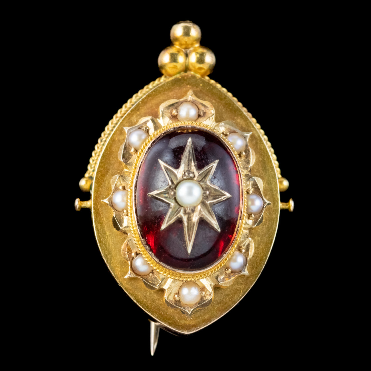 Antique Victorian Etruscan Revival Garnet Pearl Star Brooch 18ct Gold Secondary image