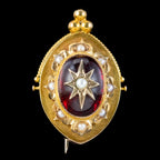 Antique Victorian Etruscan Revival Garnet Pearl Star Brooch 18ct Gold