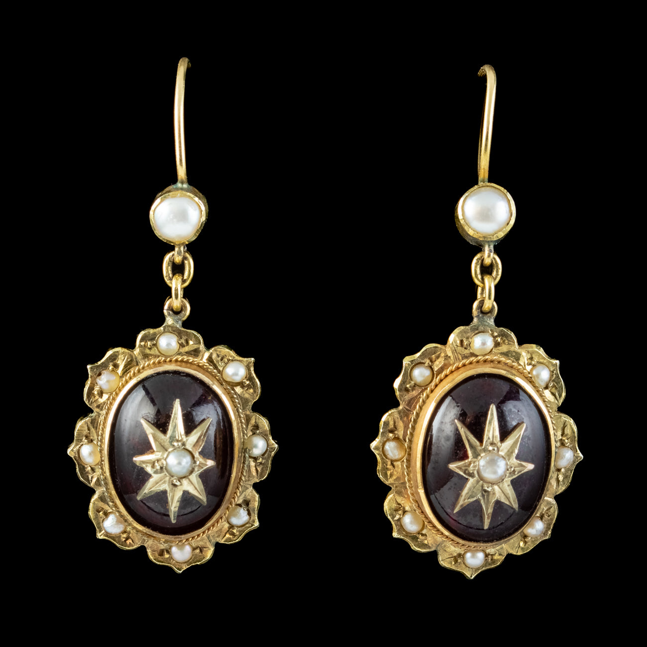 Antique Victorian Etruscan Revival Garnet Pearl Star Earrings 18ct Gold Secondary image