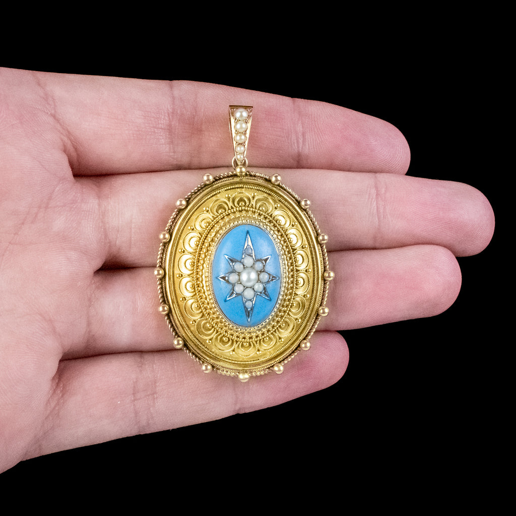 Antique Victorian Etruscan Revival Pearl Locket 18ct Gold 
