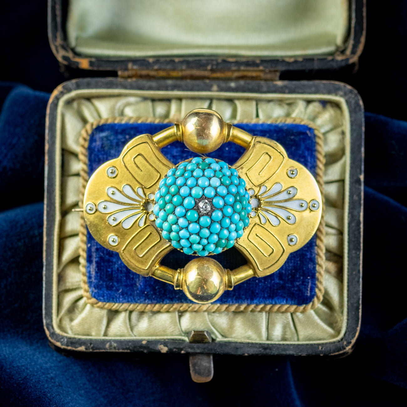 Antique Victorian Etruscan Turquoise Diamond Mourning Brooch 18ct Gold Secondary image