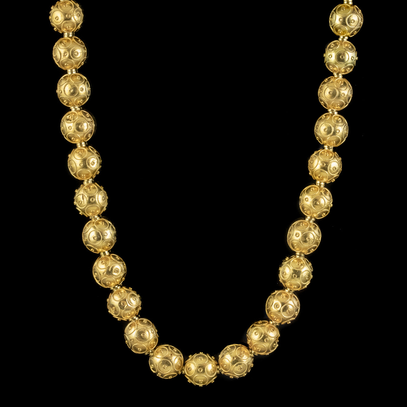 Antique Victorian Etustcan Revival Bead Necklace 15ct Gold Circa 1880