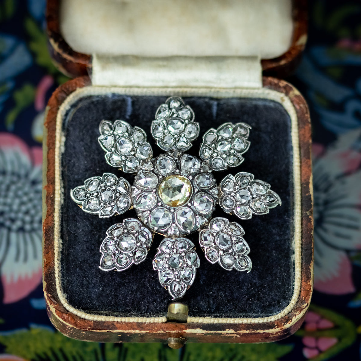 Antique Victorian Fancy Diamond Flower Brooch 7ct Of Diamond 