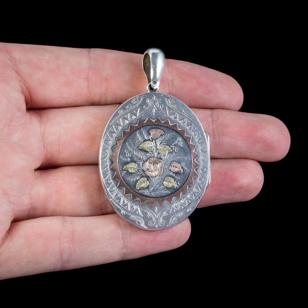  ANTIQUE VICTORIAN FLORAL LOCKET GOLD STERLING SILVER ROBINSON AND MCKEWAN DATED 1881 