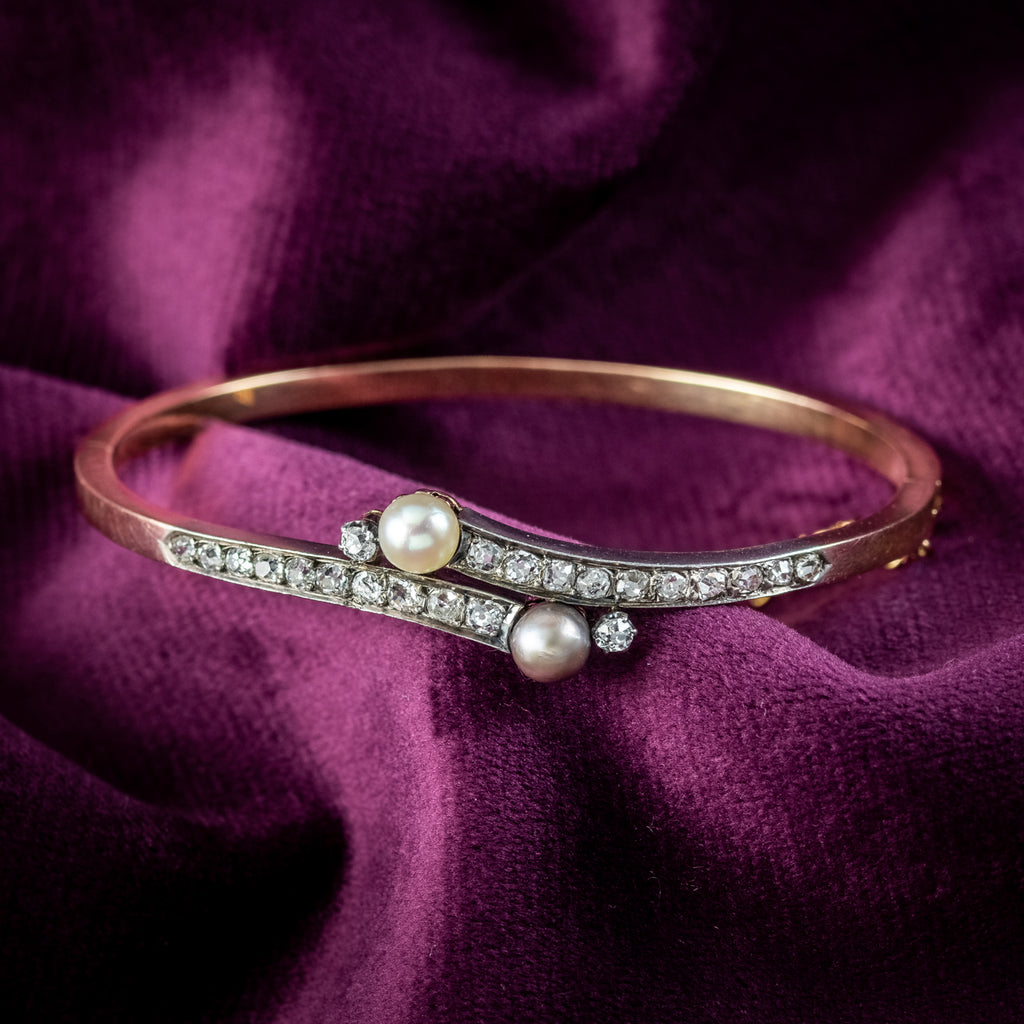 Antique Victorian French Diamond Pearl Toi Et Moi Twist Bangle  18ct Gold