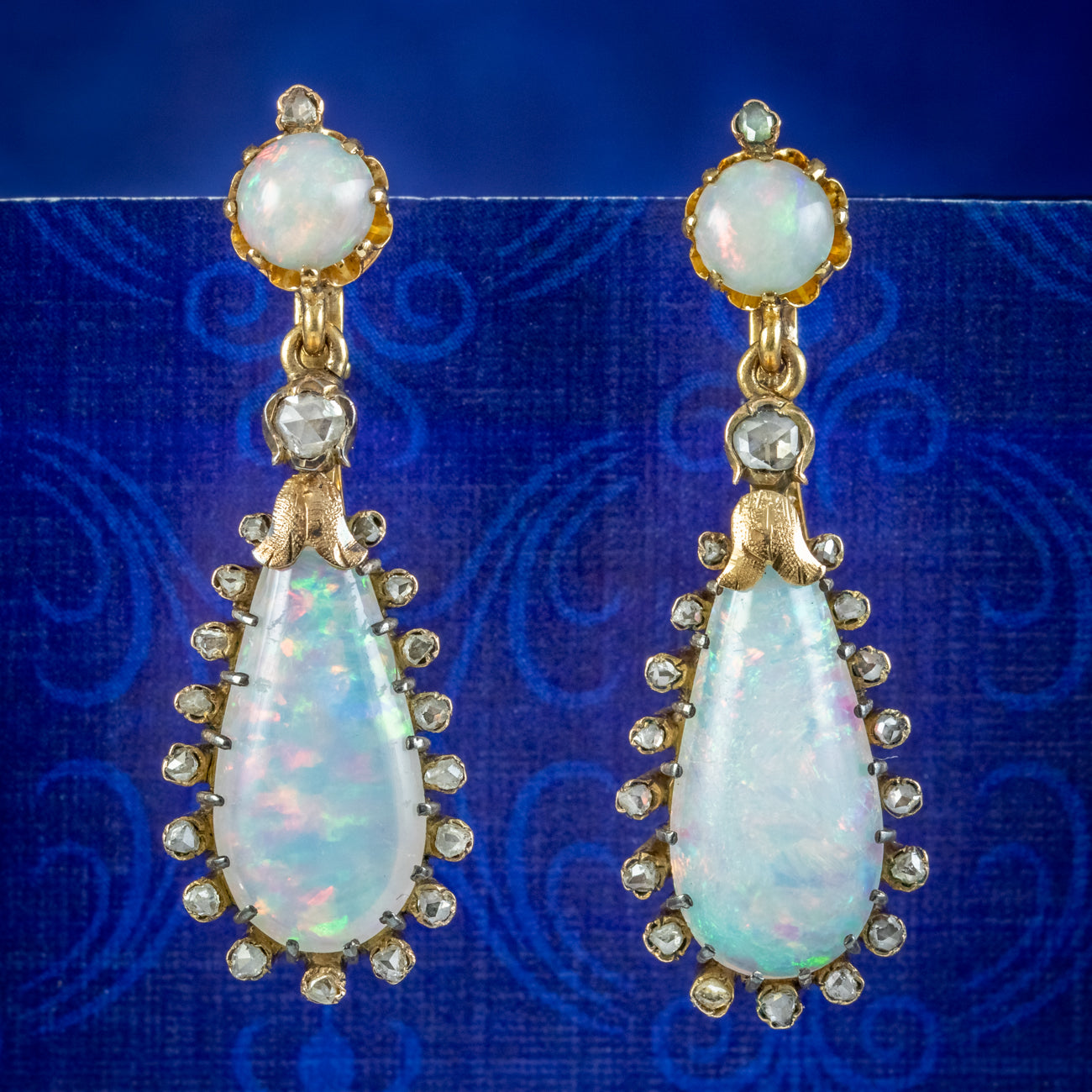 Antique Victorian French Opal Diamond Drop Earrings 18ct Gold Main image