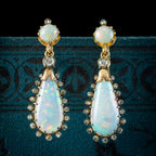 Antique Victorian French Opal Diamond Drop Earrings 18ct Gold