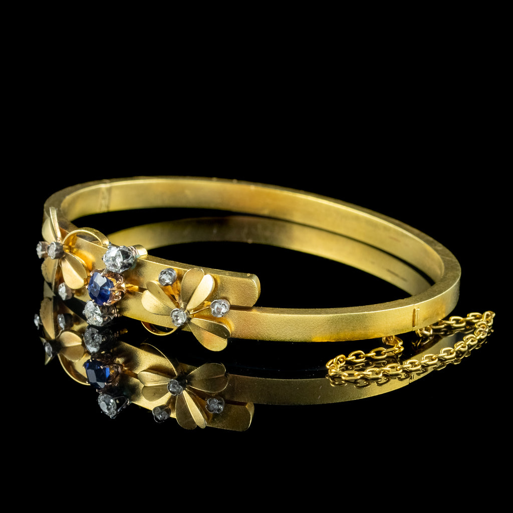 Antique Victorian French Sapphire Diamond Shamrock Bangle 18ct Gold