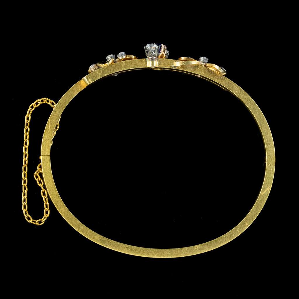 Antique Victorian French Sapphire Diamond Shamrock Bangle 18ct Gold
