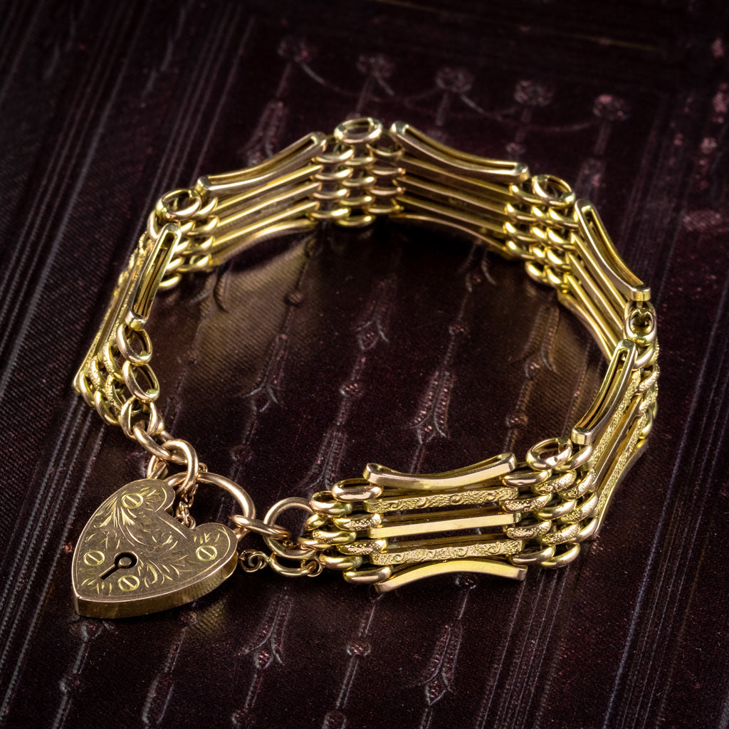 ANTIQUE VICTORIAN GATE BRACELET 9CT GOLD HEART PADLOCK CIRCA 1900