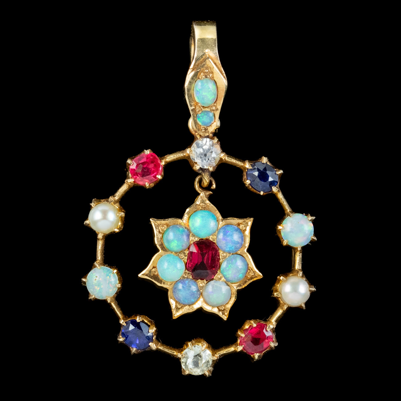 ANTIQUE VICTORIAN GEMSTONE HARLEQUIN FLOWER PENDANT 18CT GOLD Secondary image
