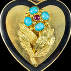 Antique Victorian Heart Locket Turquoise Ruby Forget Me Not 18ct Gold