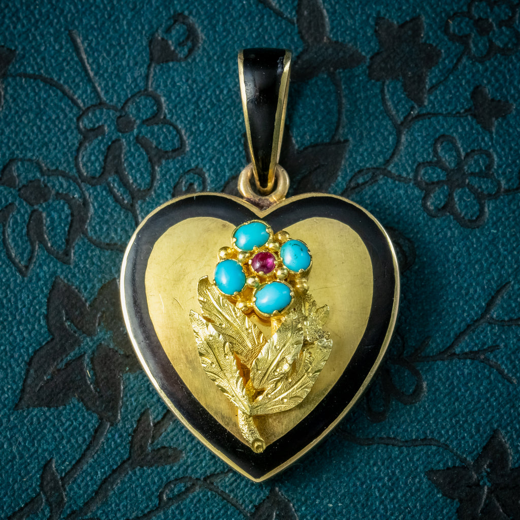 Antique Victorian Heart Locket Turquoise Ruby Forget Me Not 18ct Gold