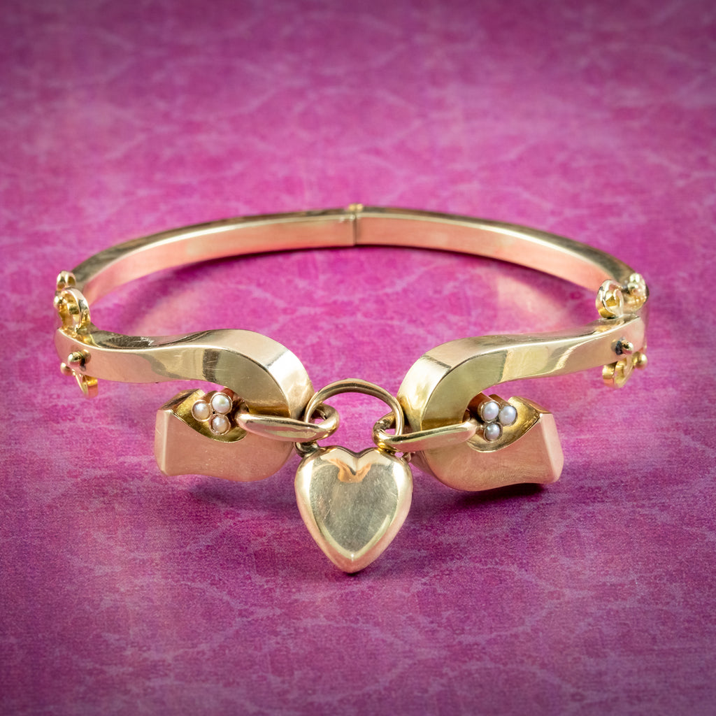 Antique Victorian Heart Padlock Bangle 9ct Gold