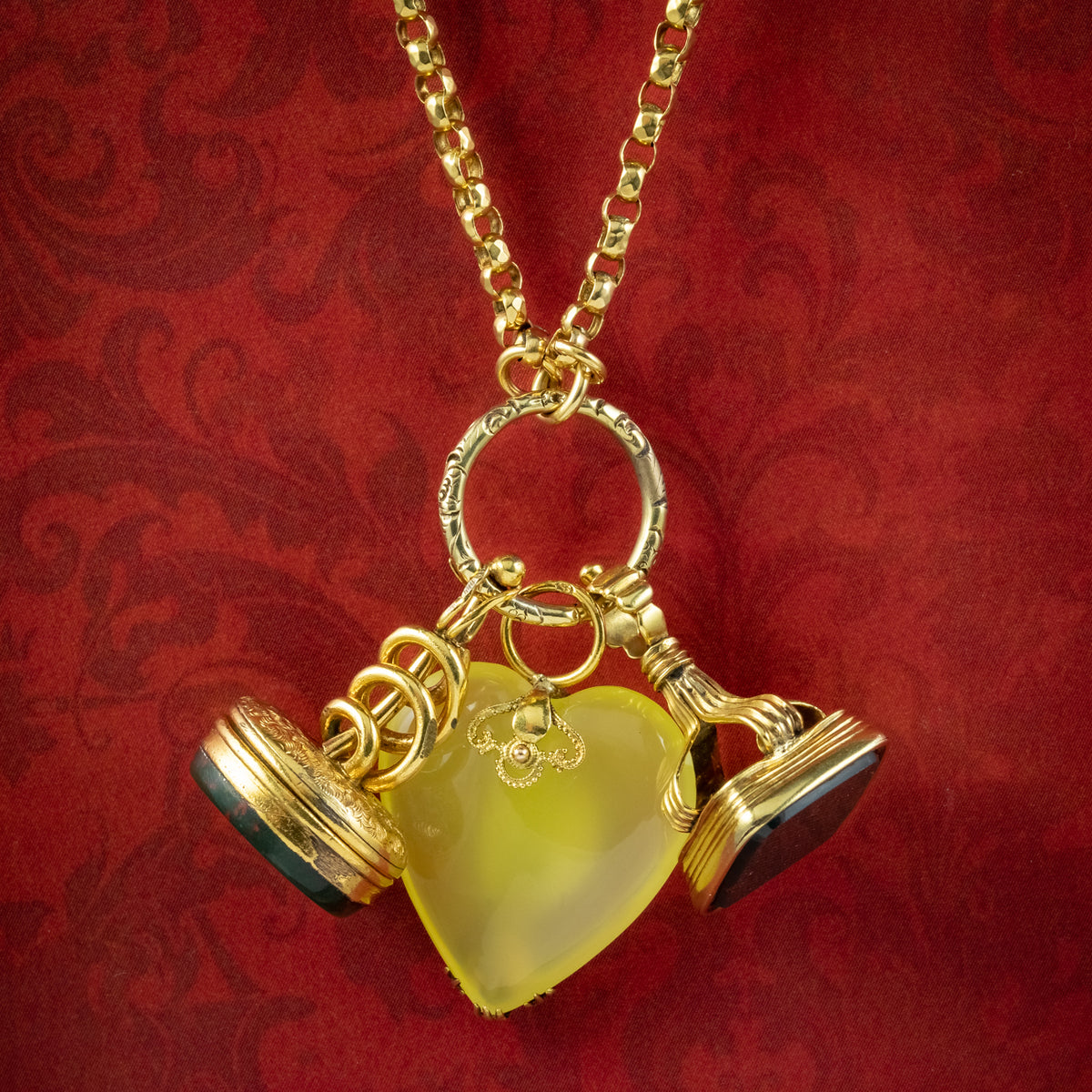 Antique Victorian Intaglio Fob And Heart Charm Necklace 18ct Gold Chain Main image