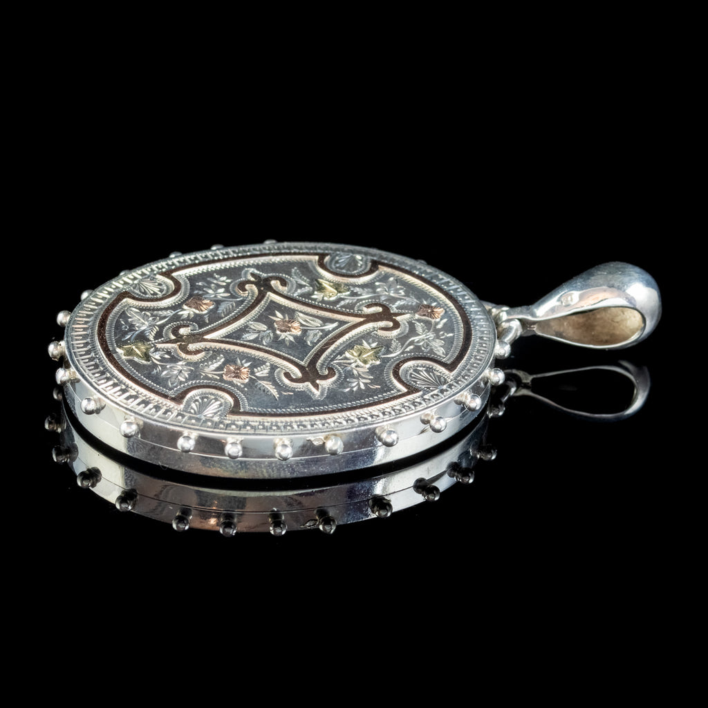 Antique Victorian Locket Sterling Silver Gold Forgets Me Nots And Ivy Circa 1880