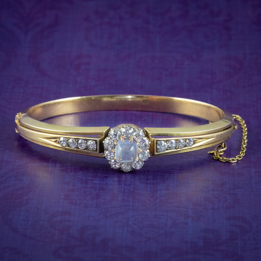 Antique Victorian Moonstone Diamond Bangle 14ct Gold 2.8ct Of Diamond