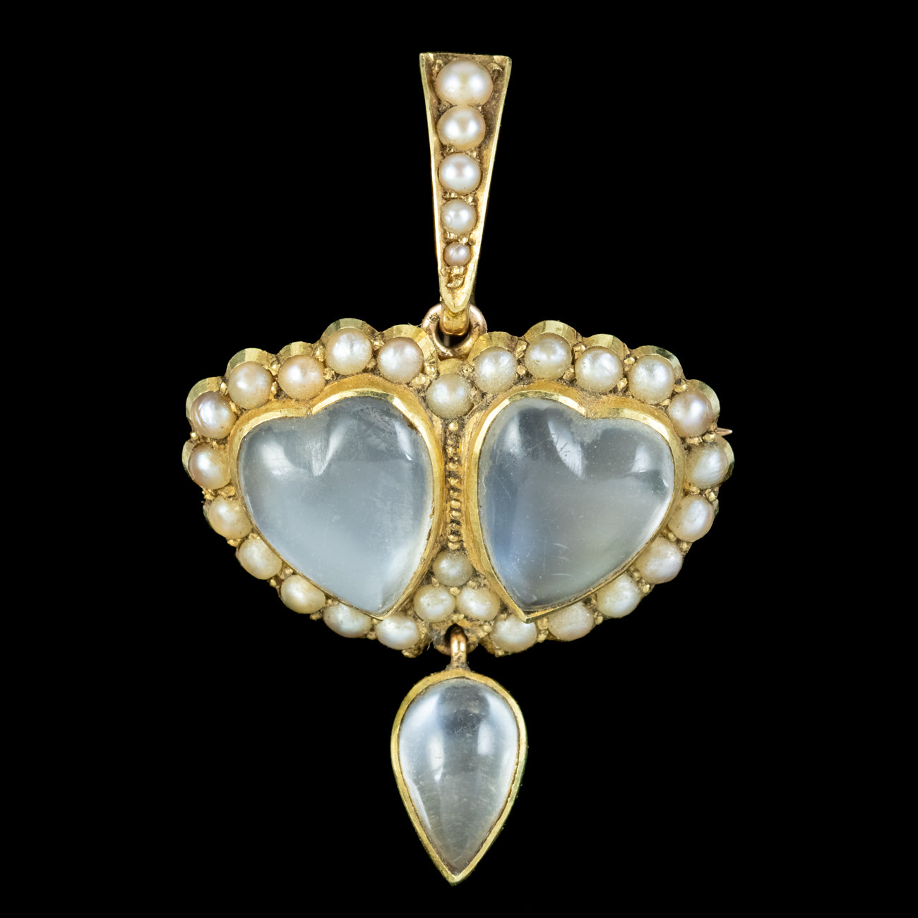 Antique Victorian Moonstone Pearl Double Heart Pendant 18ct Gold Secondary image